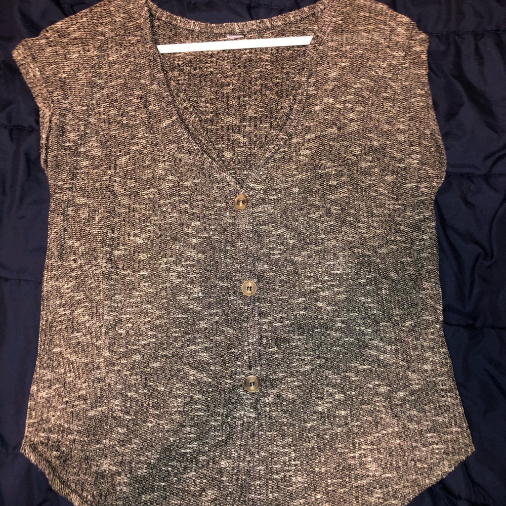 grey and white button up v neck